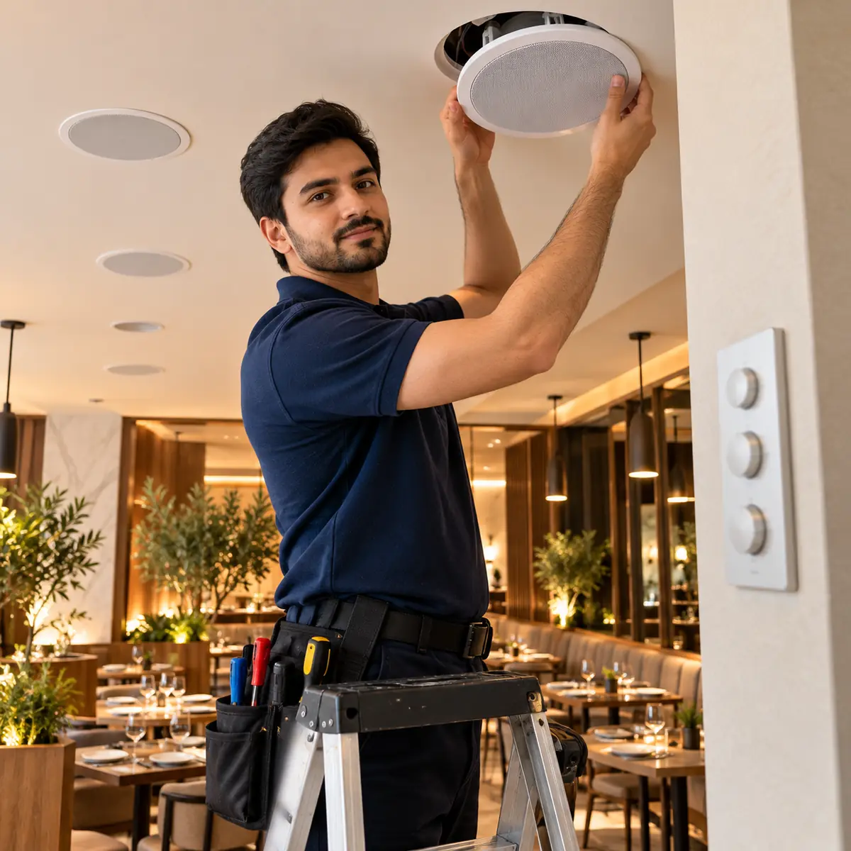 Sound system installation in Dubai: Azizi installer fitting ceiling speakers in a restaurant with a zone control panel on the wall