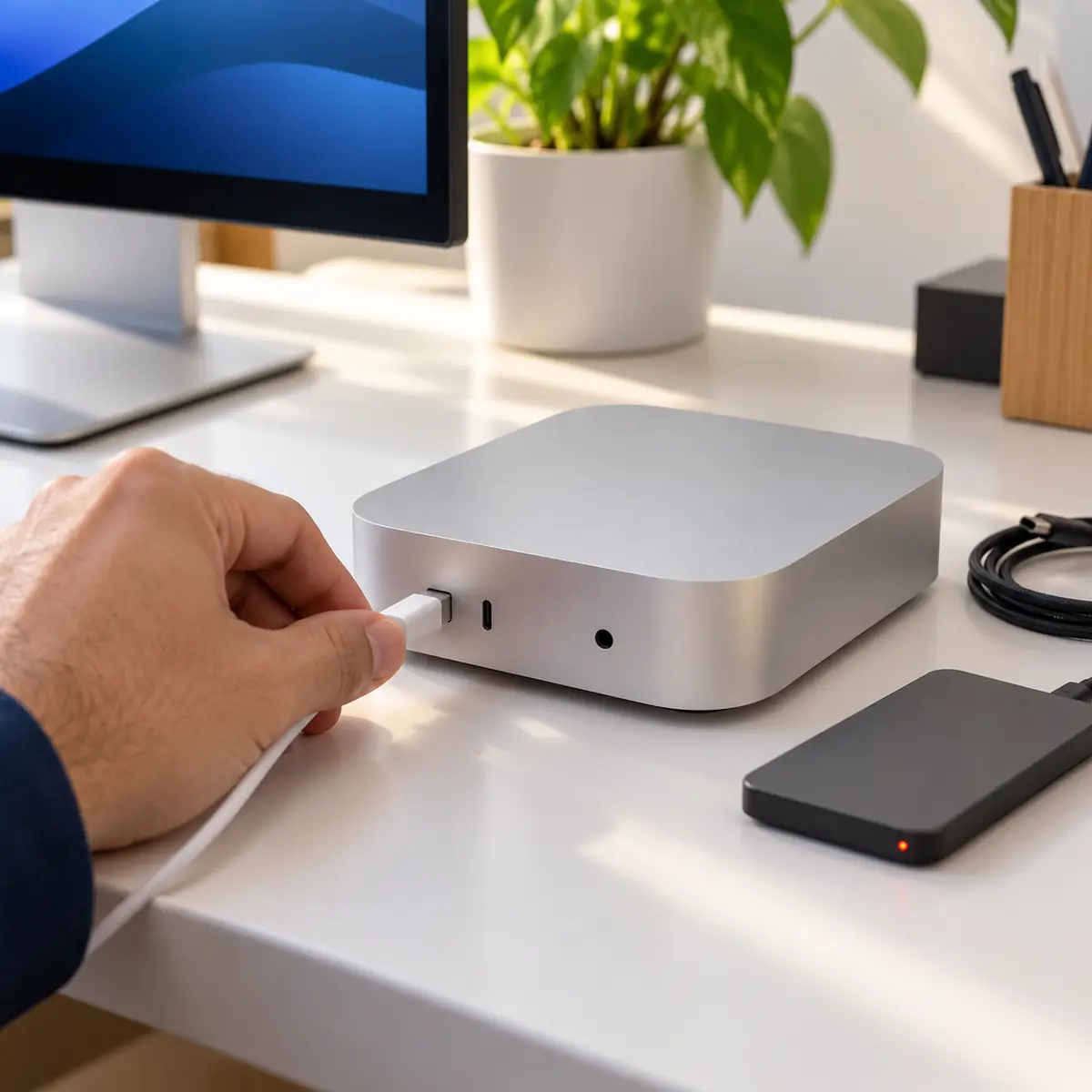 Hand plugging a USB-C cable into a front port of a 2024 Mac mini on an office desk, an external SSD beside it showing a red light