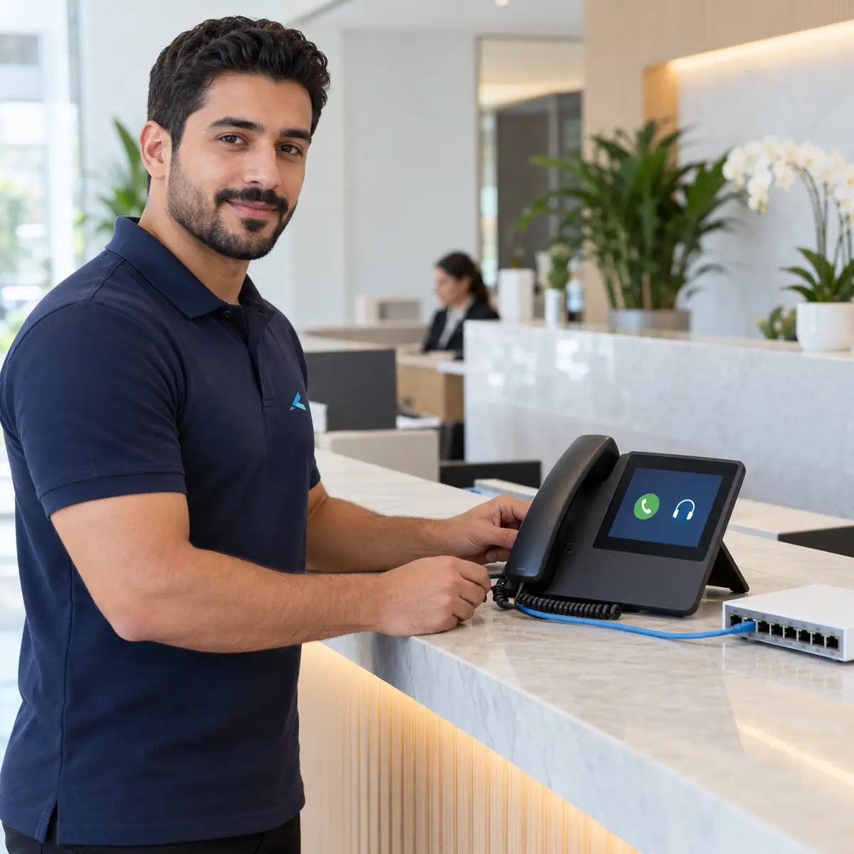 VoIP phone systems in Dubai: Azizi engineer connecting an IP desk phone to the office network at reception