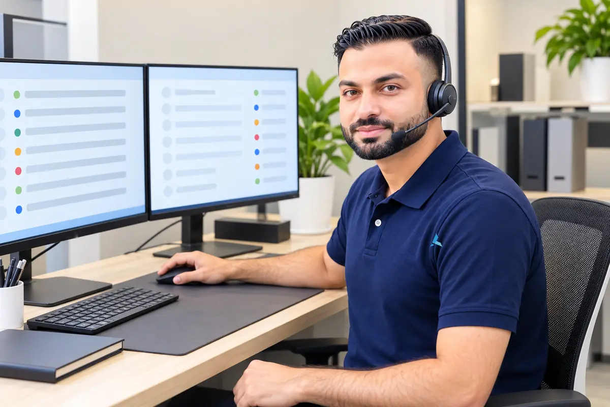 Aziz at a helpdesk station with a headset and two monitors showing a ticket list