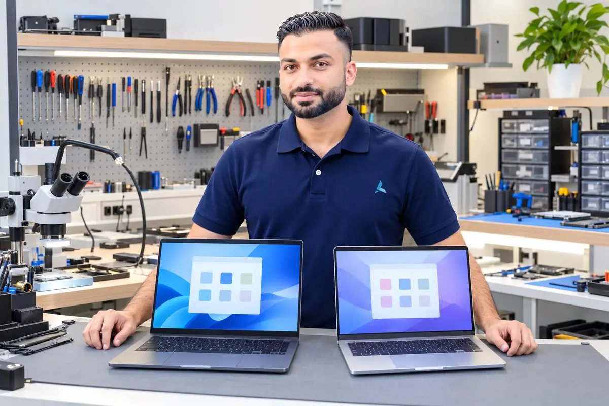 Aziz at a repair bench with a Windows laptop and a Mac laptop side by side