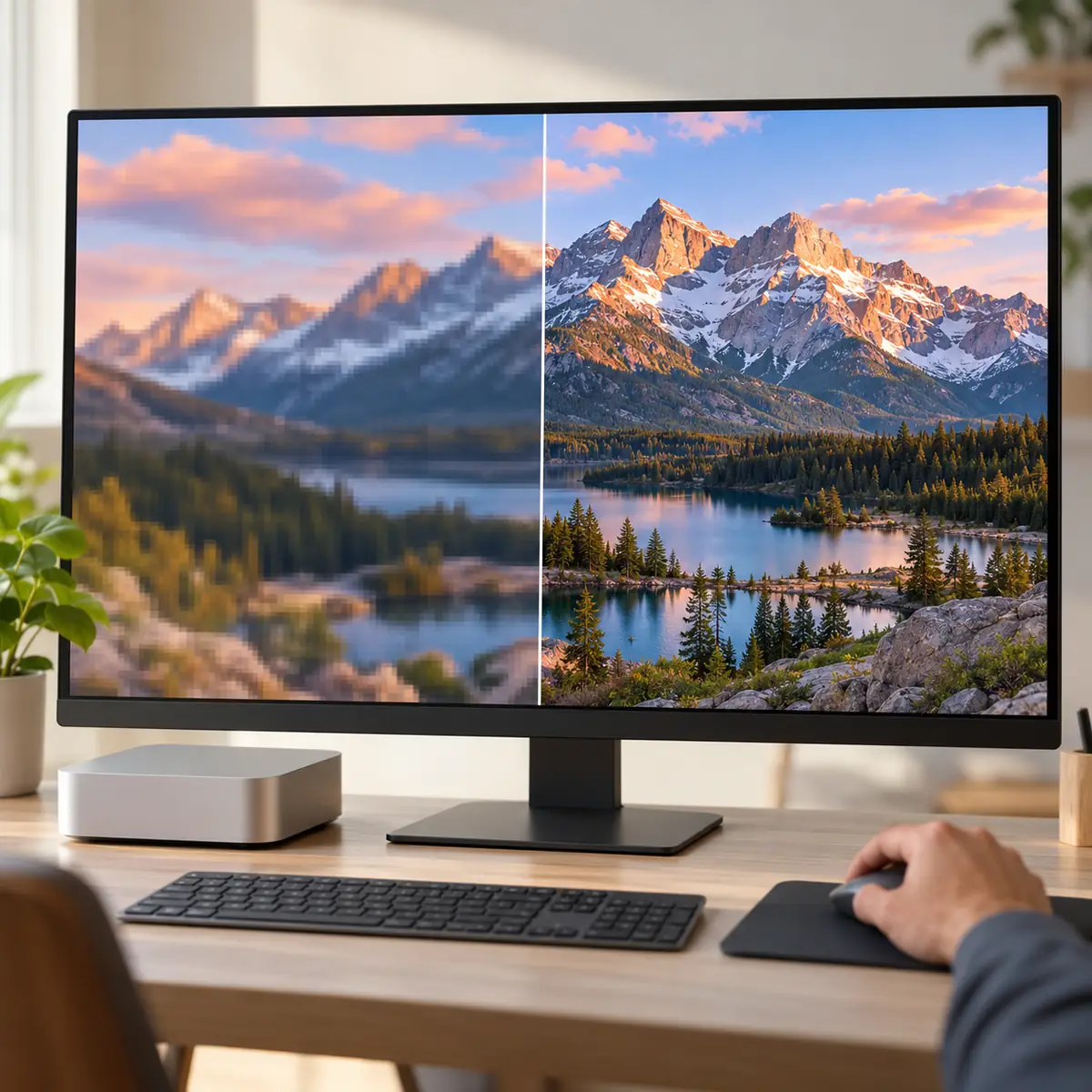 Mac mini M4 Pro monitor showing a blurry low-resolution image beside the same picture at sharp native 4K