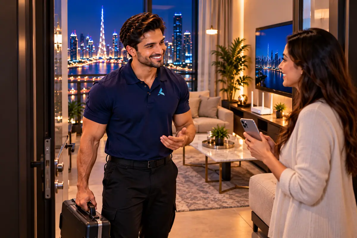 An Azizi Technologies engineer arriving at a Dubai apartment to fix a WiFi password the router keeps rejecting, the resident waiting with her phone
