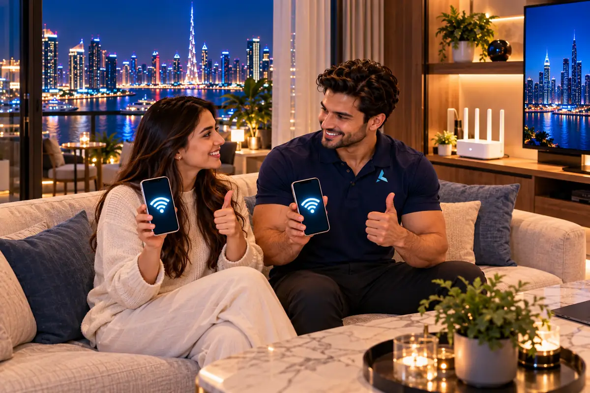 An Azizi Technologies engineer and a Dubai resident with both phones back on the home WiFi after an on-site visit