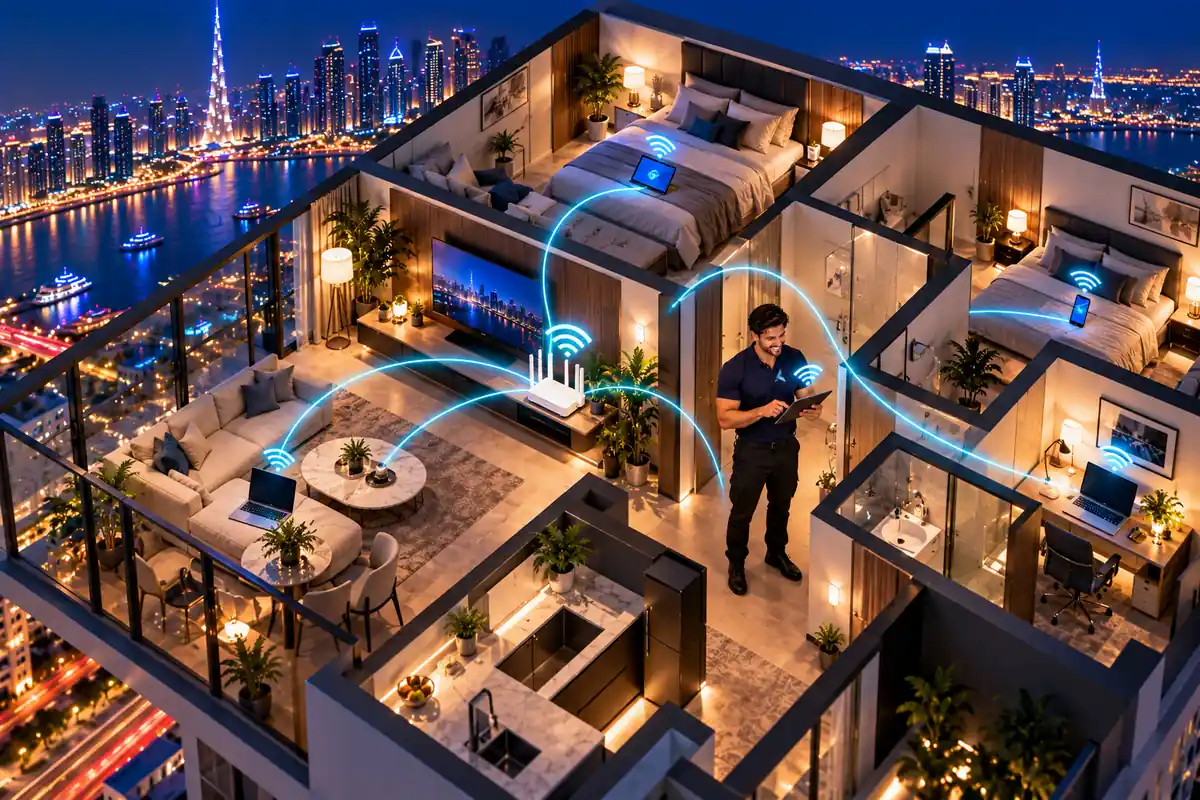 Isometric cutaway of a two-bedroom Dubai apartment with the home router's WiFi reaching the laptop, phone, TV and tablet in every room, and an Azizi Technologies engineer checking the signal