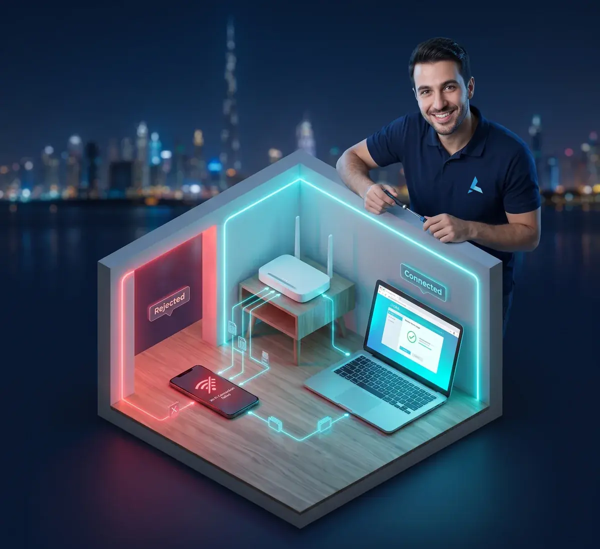 Isometric cutaway of a router admin page open on a laptop beside a phone rejecting a Wi-Fi password, in a Dubai apartment