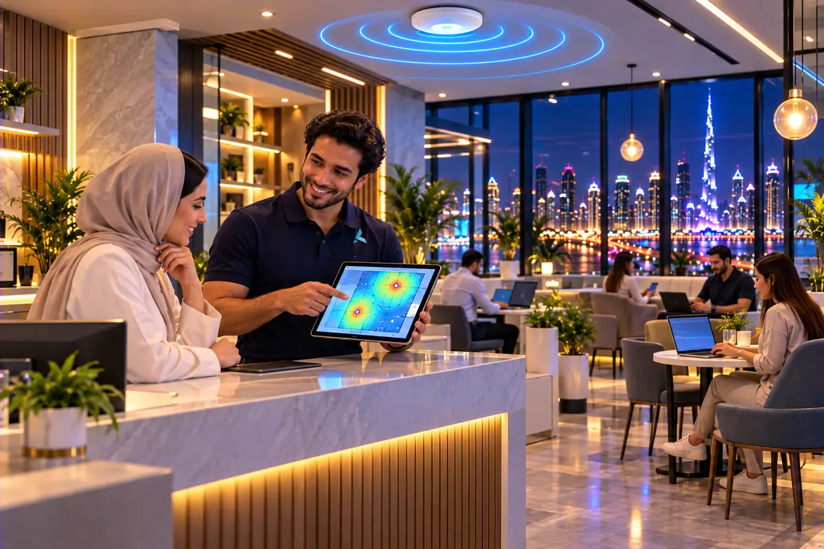 Azizi engineer showing a Dubai business owner a free WiFi assessment heat map at reception