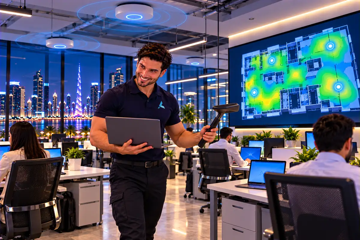 Engineer running the annual WiFi survey across an office, signal zones mapped on the wall screen