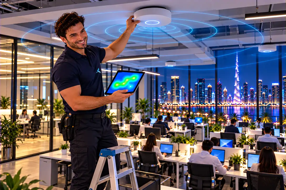 Azizi engineer checking a ceiling WiFi access point and signal heat map in a Dubai office under a WiFi AMC