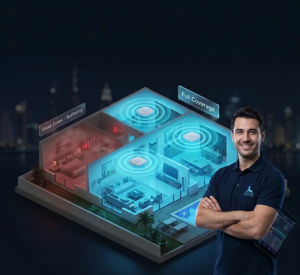 WiFi dead zones turned into full coverage in a Dubai villa, by Azizi Technologies