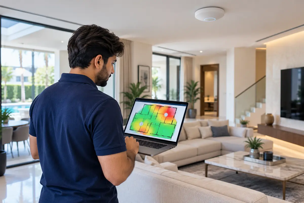 A WiFi engineer walking through a villa with a coverage heat map on his laptop
