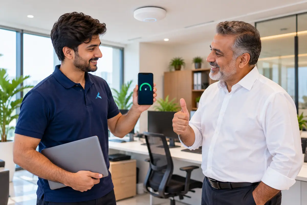 A WiFi engineer showing an office owner a full-speed test result on a phone