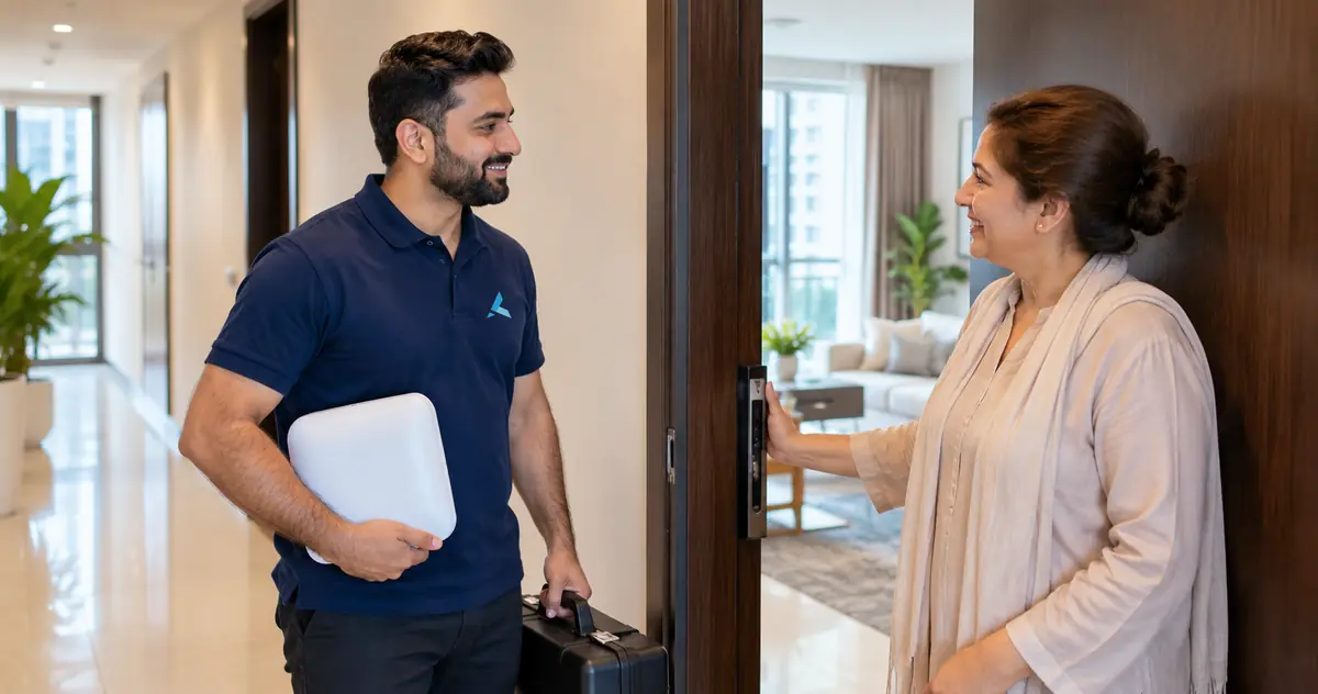An Azizi WiFi engineer arriving at a resident's apartment door with an access point and tool case