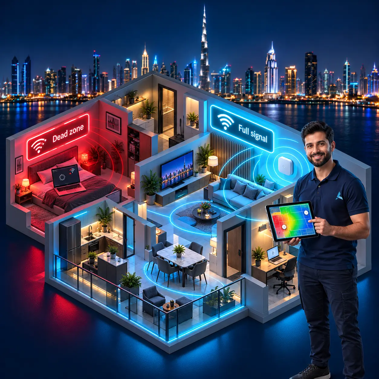 Isometric cutaway of a Dubai apartment on a WiFi technician visit: a bedroom dead zone with a buffering laptop on the red side, a new mesh access point and full signal across the living room on the cyan side, and an Azizi Technologies engineer showing a WiFi heatmap on a tablet