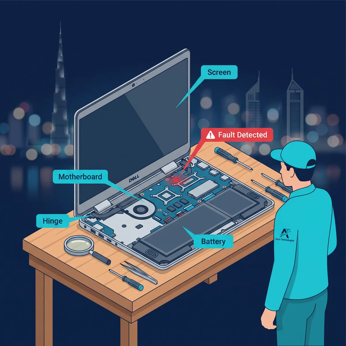 Azizi Technologies Dell laptop service center in Dubai: a Dell XPS opened on the bench with screen, battery, motherboard and hinge points marked and a fault detected