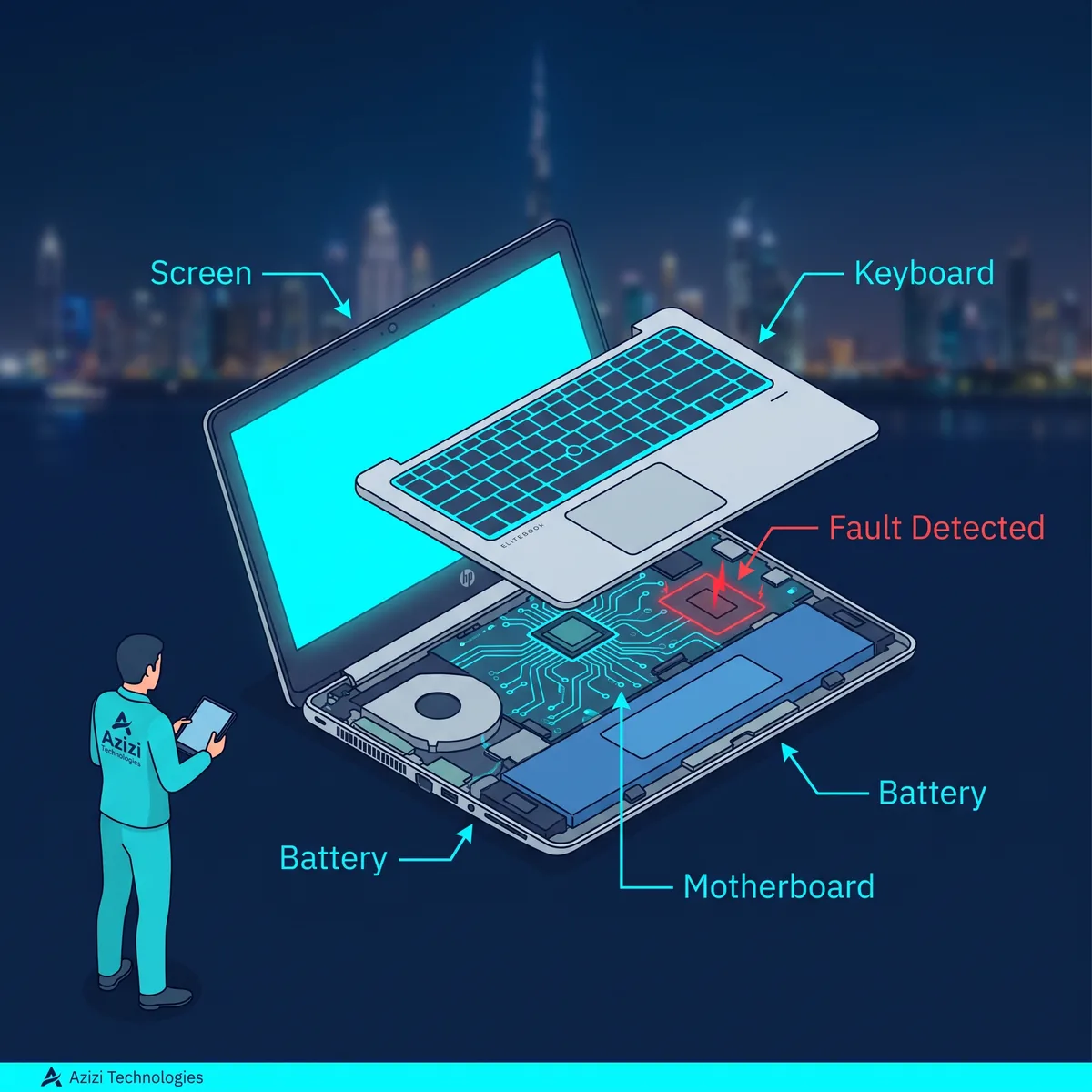 Azizi Technologies HP laptop service center in Dubai: an HP EliteBook opened for screen, battery, keyboard and motherboard repair with a detected fault highlighted