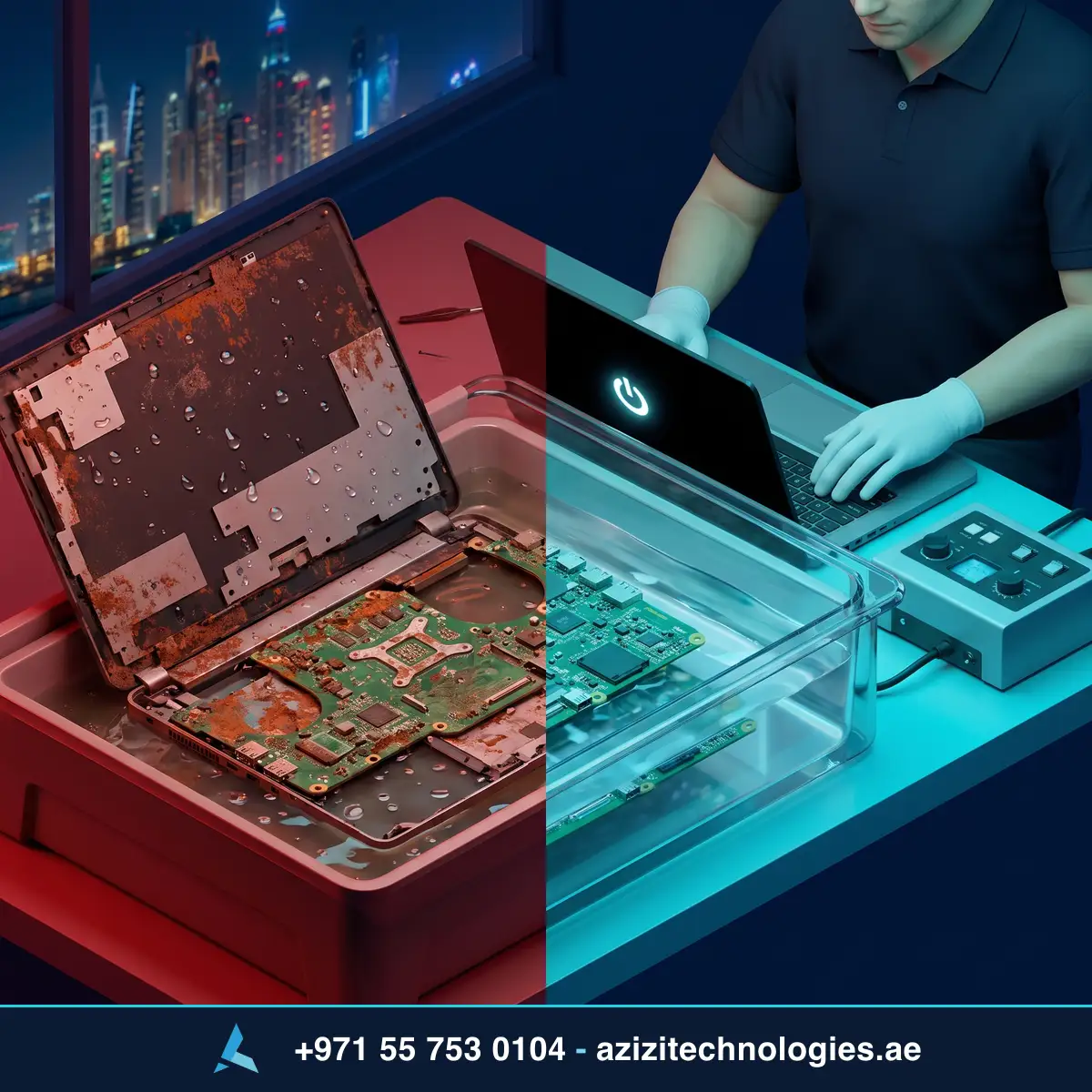 Azizi Technologies technician cleaning a liquid-damaged MacBook logic board in the Dubai lab, corroded board on one side and a restored working Mac on the other