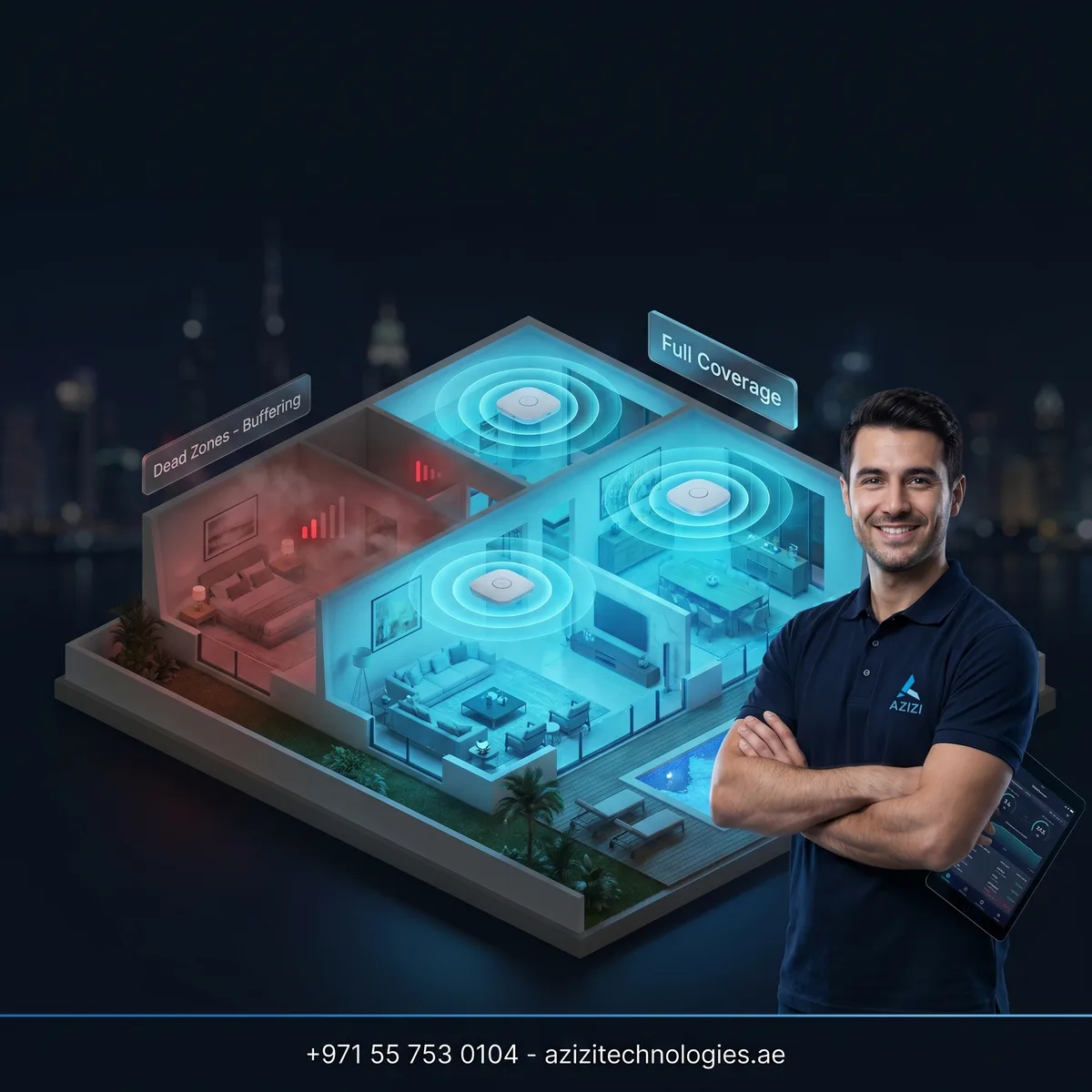 WiFi dead zones turned into full coverage in a Dubai villa, mesh access point installation by an Azizi Technologies technician