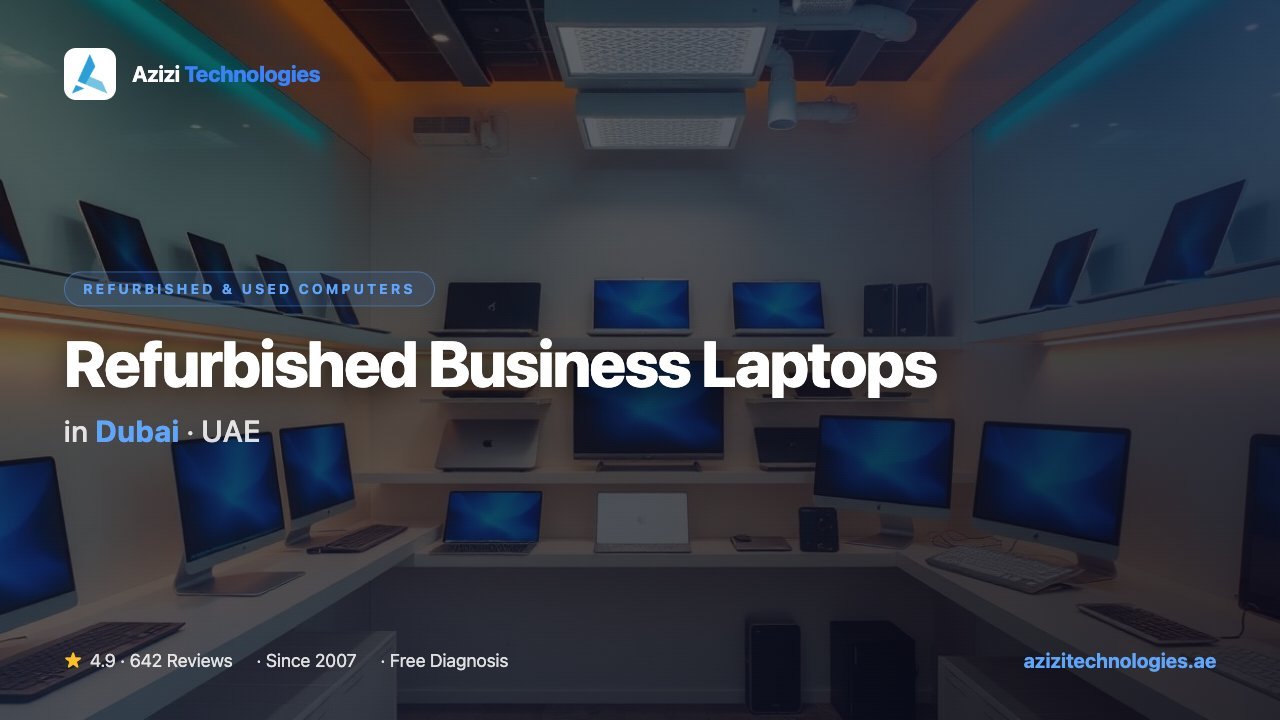 Refurbished business laptops for sale in Dubai - Dell Latitude, HP EliteBook and Lenovo ThinkPad graded and tested at the Azizi Technologies Media City showroom