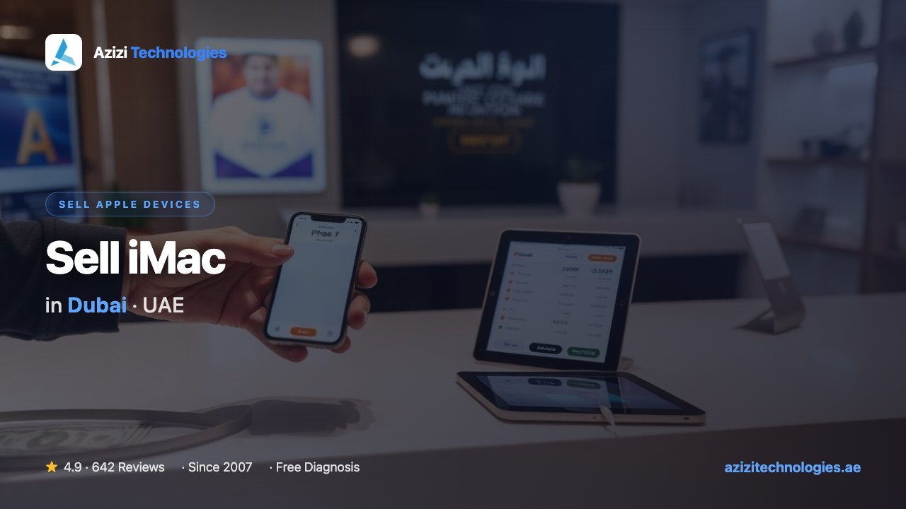 Selling an iMac in Dubai for same-day cash at the Azizi Technologies workshop, free WhatsApp valuation and careful pickup