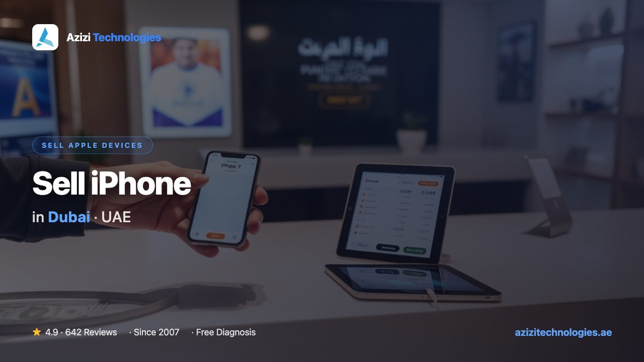 Selling an iPhone in Dubai for same-day cash at the Azizi Technologies workshop, free WhatsApp valuation