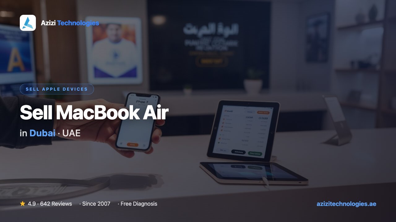 Selling a MacBook Air in Dubai for same-day cash at the Azizi Technologies workshop, free WhatsApp valuation