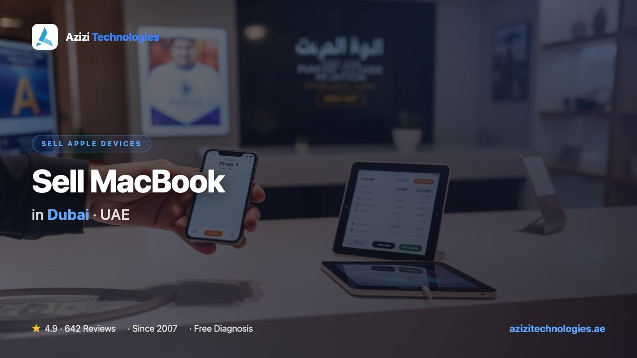 Selling a MacBook in Dubai for same-day cash at the Azizi Technologies workshop, free WhatsApp valuation