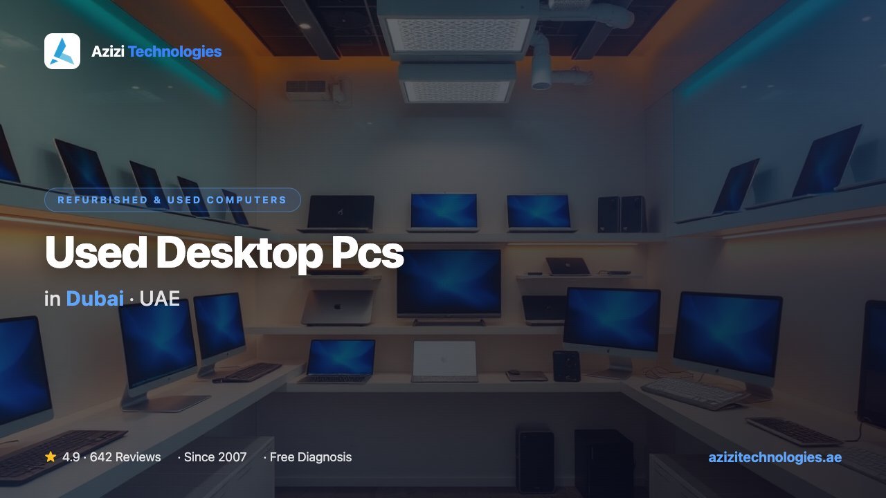 Tested and graded used Dell, HP and Lenovo business desktop PCs ready for Dubai offices at the Azizi Technologies workshop
