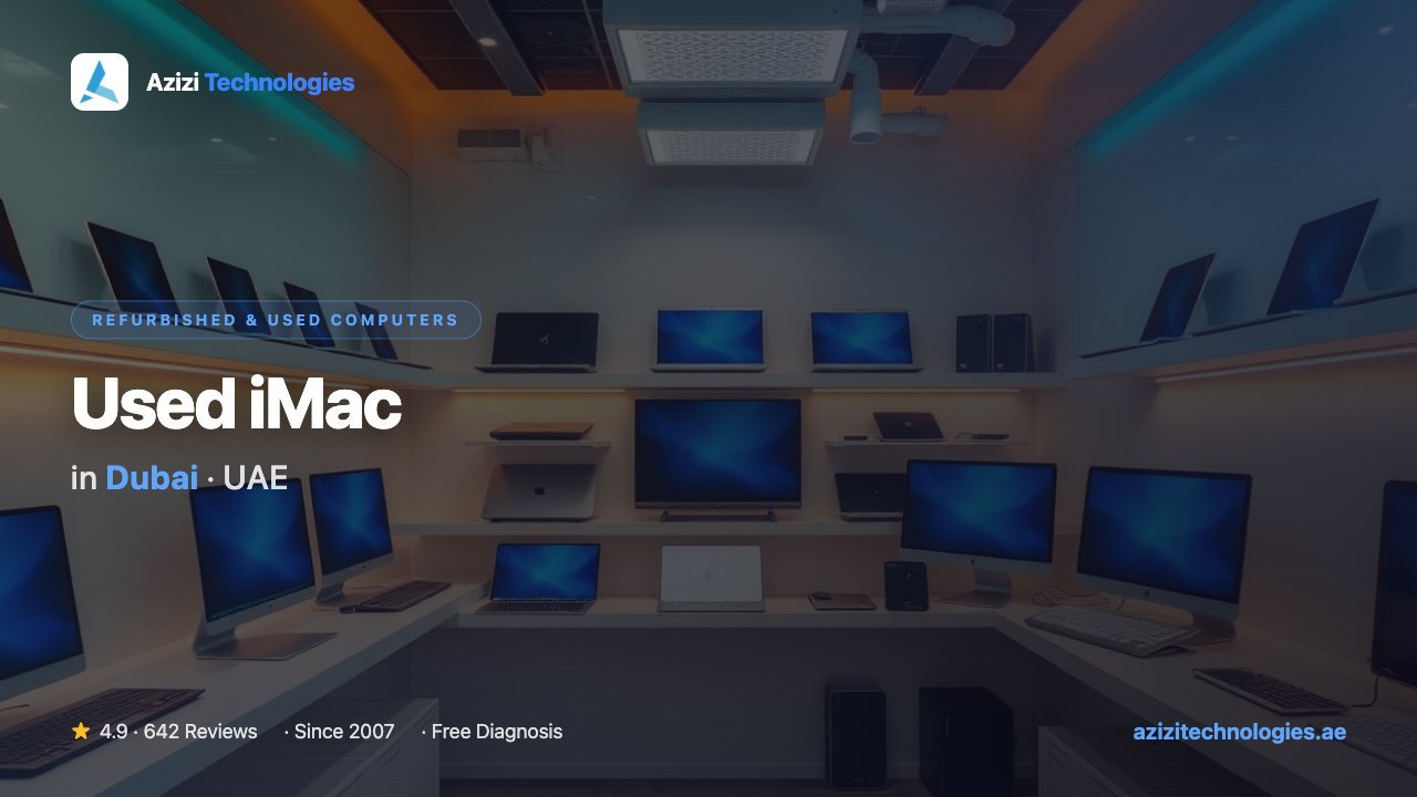 Quality-tested used and refurbished iMacs for sale at the Azizi Technologies workshop in Dubai, 24-inch and 27-inch all-in-ones